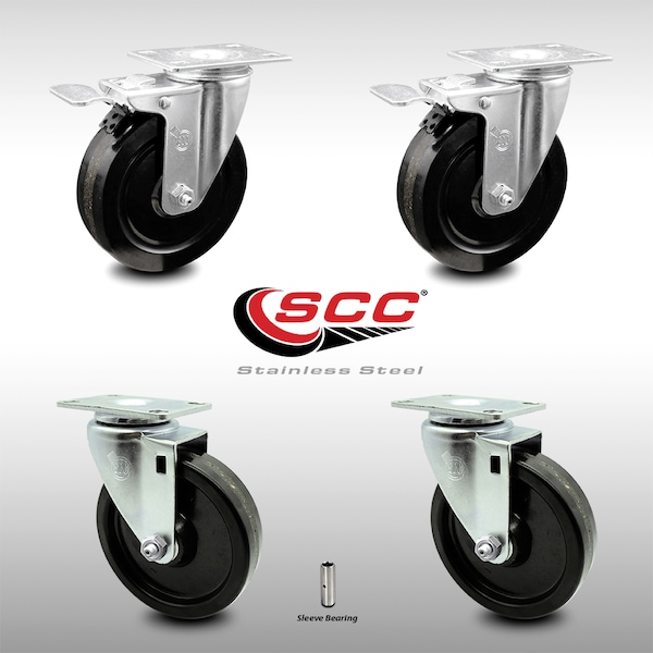 5 Inch SS Phenolic Top Plate Caster Total Lock Brakes, 2PK